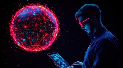 Aufkleber - Man using tablet with red and blue lights representing digital technology and data exchange concept