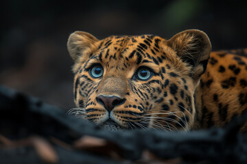 Wall Mural - Leopard sitzt auf Baumstumpf im verbrannten Wald bei Dämmerung

