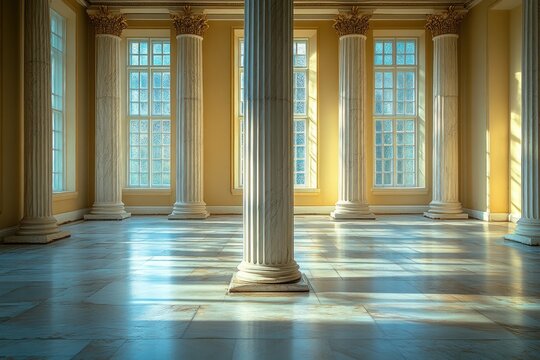 Classical white marble column in minimalistic setting showcasing intricate capital details
