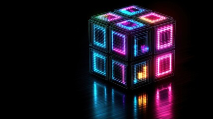 Poster - 3d abstract glowing cube with neon lights and digital voxel cubes in futuristic design