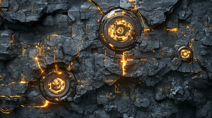 Poster - Futuristic stone texture with glowing symbols for sci-fi design