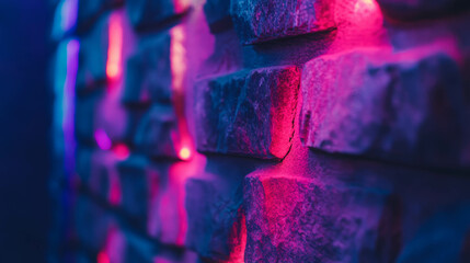 Poster - vibrant neon colors illuminating textured stone wall for modern art background