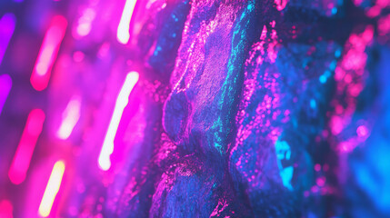 Poster - Vibrant neon lights reflecting on a textured stone wall surface