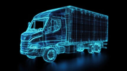 Aufkleber - Truck with blue wire design and digital wireframe glowing blue on a dark background