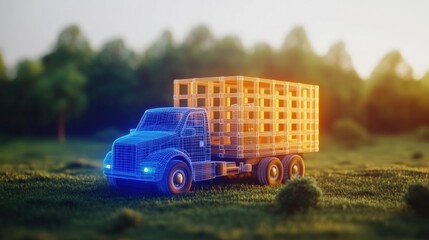 Aufkleber - Truck with a crate on the back and digital wireframe glowing blue in a high fidelity representation