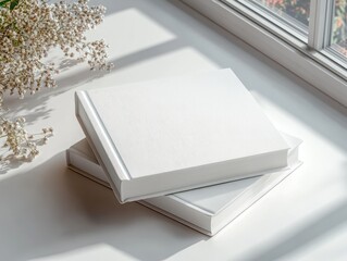 Poster - Minimalist Composition of Two Stacked White Blank Books with Textured Covers in Soft Natural Lighting