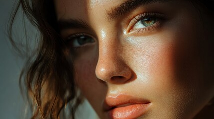 Poster - Close up portrait of a woman showcasing flawless skin illuminated by soft light highlighting her features and captivating eyes. Generative AI