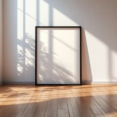 Poster - Minimalist Black Frame Mockup on Light Wooden Floor with Natural Sunlight