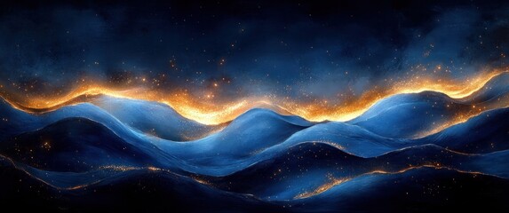 Aufkleber - Deep Blue Waves with Golden Highlights Abstract Art, Gradient Motion Pattern, Elegant Luxury Background, Smooth Flowing Lines for Banner and Wallpaper