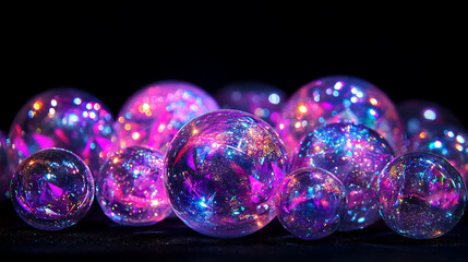 Poster - vibrant display of transparent spheres with embedded glitter on black background