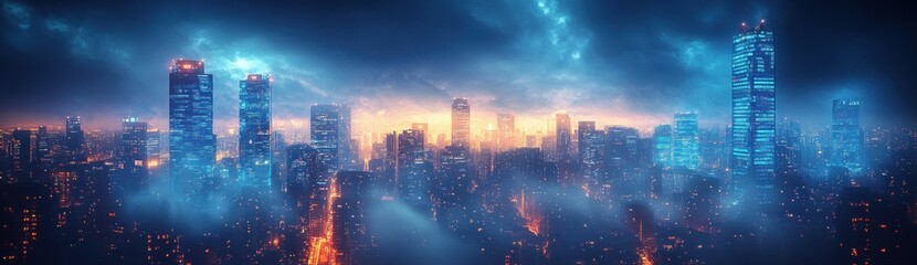 Poster - Futuristic city skyline at night with glowing blue neon lights in cyberpunk style featuring digital patterns and high-tech innovation