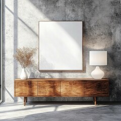 Poster - Minimalist Interior Scene with Wooden Cabinet and Blank Canvas on Concrete Wall