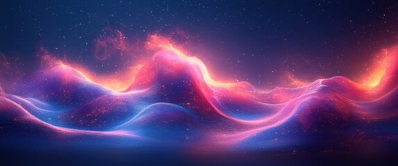 Poster - Abstract Wave Lines Flowing Neon Light Pattern on Dark Blue Gradient Background Futuristic Design