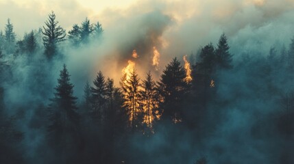 Poster - Forest engulfed in flames with thick smoke rising during a warm sunset in a wildfire. Generative AI