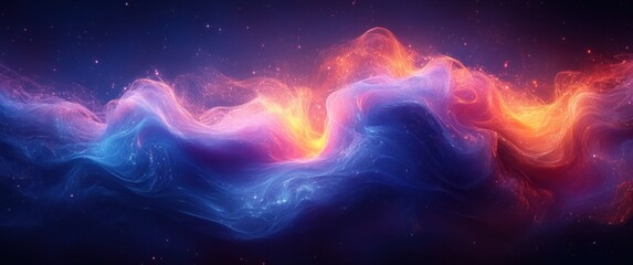 Aufkleber - Abstract Flowing Wave Line Digital Art in Vibrant Blue and Purple with Neon Glow on Dark Background