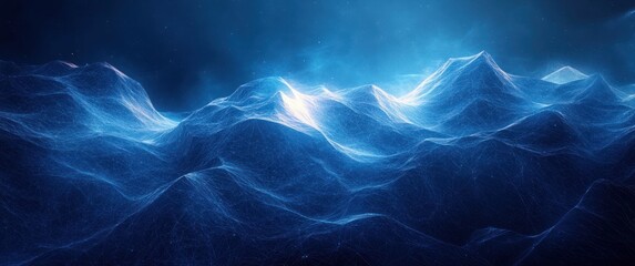 Poster - Abstract Geometric Pattern with Triangles and Wavy Lines in Deep Blue Tones for Digital Technology and Futuristic Background