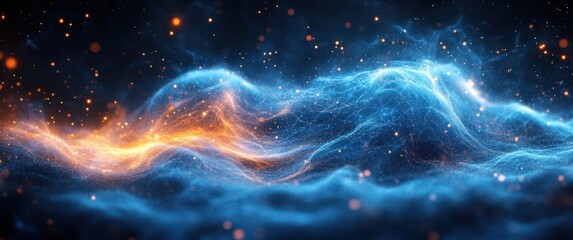 Poster - Futuristic Digital Abstract Art Blue Wave Patterns with Soft Glowing Lights and Interconnected Nodes in Technology Concept