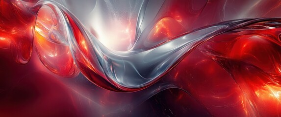 Poster - Modern Abstract Metallic Shapes with Light Effects on Dark Red Background for Technology and Futuristic Design