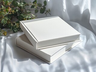 Poster - Two Blank White Books Stacked Mockup with Textured Cover Realistic Photography
