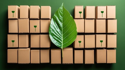 Poster - Green leaf on cardboard boxes representing ecological concept and sustainability in nature