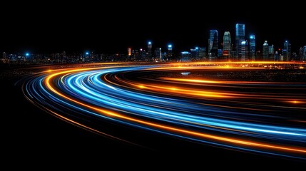 Poster - City skyline at night with light trails and motion effects creating an abstract urban scene