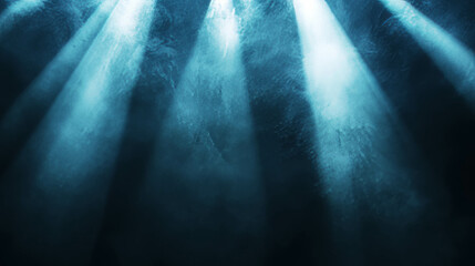 Poster - Mysterious white light beams illuminating misty foggy background for atmospheric designs