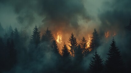 Poster - Devastating wildfire engulfs forest with intense flames and thick smoke creating an alarming sight. Generative AI