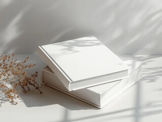 Poster - Minimalist Composition of Two Stacked Blank White Books in Soft Natural Light