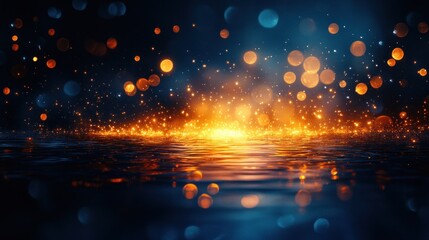 Poster - bokeh holiday lights in blue and gold over dark background with dreamy abstract impressionism effect