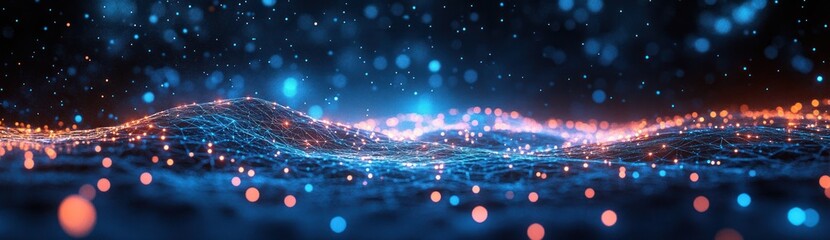 Aufkleber - Futuristic Digital Landscape with Abstract Geometric Shapes and Network Connections in Blue Glow
