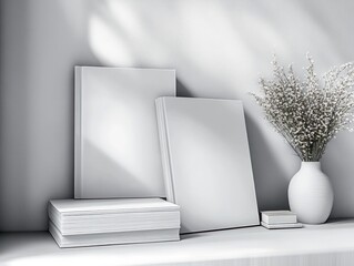 Poster - Blank White Books on Sleek White Shelf Minimalist Mockup