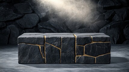 Poster - Empty black rock podium pedestal on stone table with light for display mockup and presentation purposes