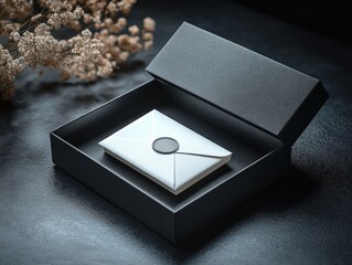 Poster - Open Black Gift Box with White Envelope and Soft Lighting