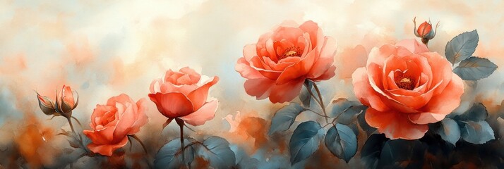 Aufkleber - Vibrant Watercolor Illustration of Bold Red and Pink Roses with Soft Light and Blurred Background in Impressionist Style