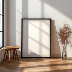Poster - Minimalist Black Frame Mockup on Light Wooden Floor with Natural Sunlight