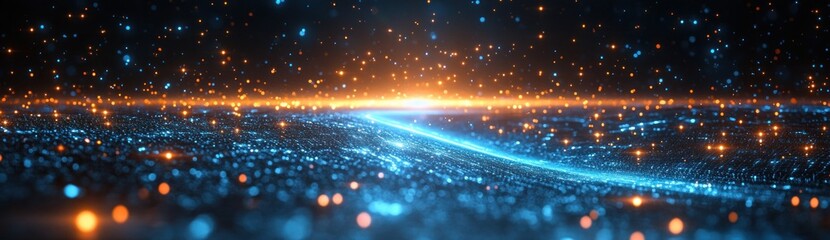Fototapete - Futuristic Abstract Digital Landscape with Glowing Blue Lines Nodes and Neon Lighting