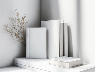 Poster - Minimalist Composition of Blank White Books on White Shelf in High-Key Lighting