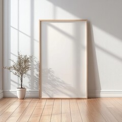 Poster - Minimalist 3D Poster Frame Mockup with Wooden Floor and Natural Light in Modern Interior