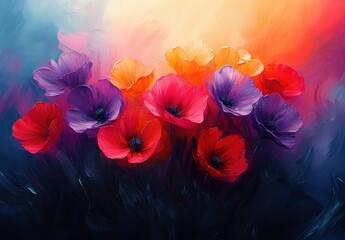 Poster - Vibrant Abstract Floral Oil Painting with Bright Colors and Bold Brush Strokes in Impressionist Style
