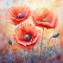 Aufkleber - Watercolor Painting of Red Poppies with Delicate Petals in Soft Pastel Background Colors
