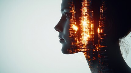 Poster - Womans face reflecting a city skyline and future construction engineering project in high fidelity image