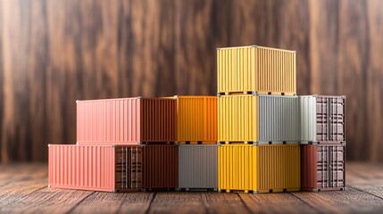 Poster - Stack of cargo containers on wooden table with futuristic container ship in the background