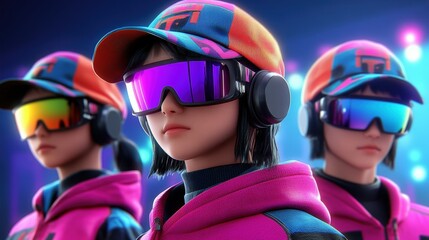Poster - Group of people wearing headphones and sunglasses with futuristic hologram in a modern urban setting