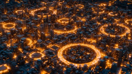Poster - Futuristic cityscape with glowing neon lights and circular patterns in a metaverse concept at night