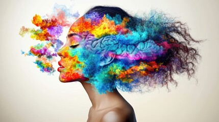 Poster - Woman with colorful hair representing generative ai and collective mind concept art