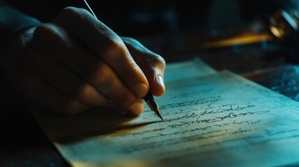 Aufkleber - Writing with a pen on an antique document in a dimly lit room during the night. Generative AI