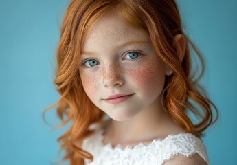 Wall Mural - A red haired, freckled girl with blue eyes smiles softly, her unique features creating a captivating scene against teal.