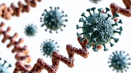 Poster - Illustration of coronavirus particles and green covid-19 virus molecules on a white background
