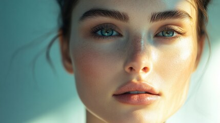 Poster - Close up portrait of a woman with smooth skin and captivating eyes in natural light during the early afternoon. Generative AI