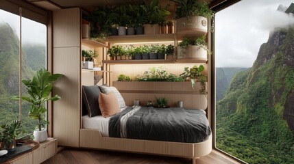 Wall Mural - Bedroom interior featuring a bed window and views of green landscapes promoting sustainable energy concepts